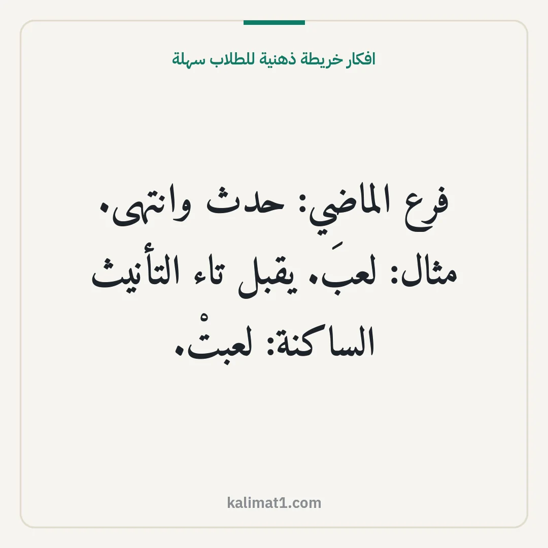 افكار خريطة ذهنية للطلاب سهلة: فرع الماضي: حدث وانتهى. مثال: لعبَ. يقبل تاء التأنيث الساكنة: لعبتْ.