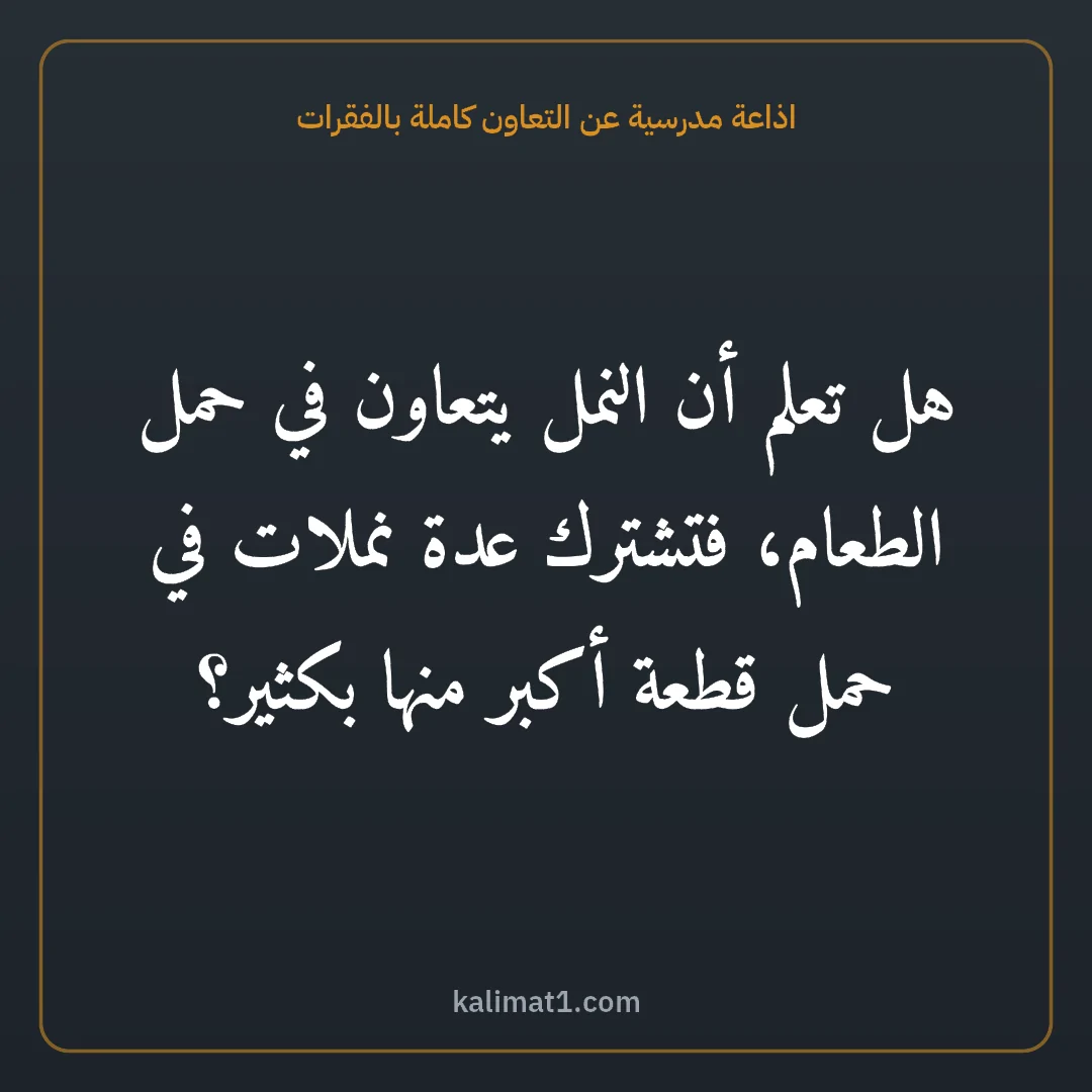 اذاعة مدرسية عن التعاون كاملة بالفقرات: هل تعلم أن النمل يتعاون في حمل الطعام، فتشترك عدة نملات في حمل قطعة أكبر منها بكثير؟