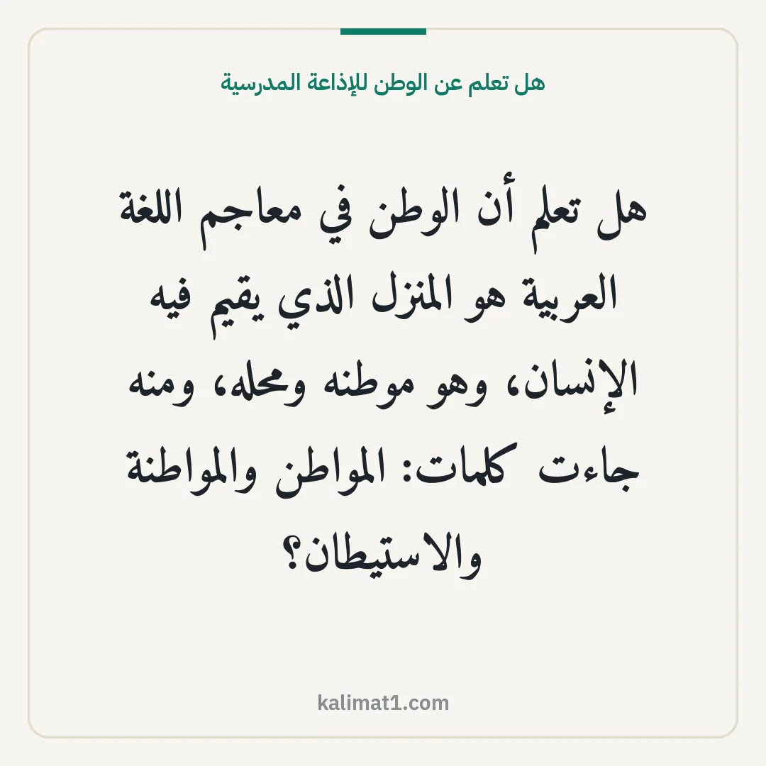 هل تعلم عن الوطن للإذاعة المدرسية: هل تعلم أن الوطن في معاجم اللغة العربية هو المنزل الذي يقيم فيه الإنسان، وهو موطنه ومحله، ...