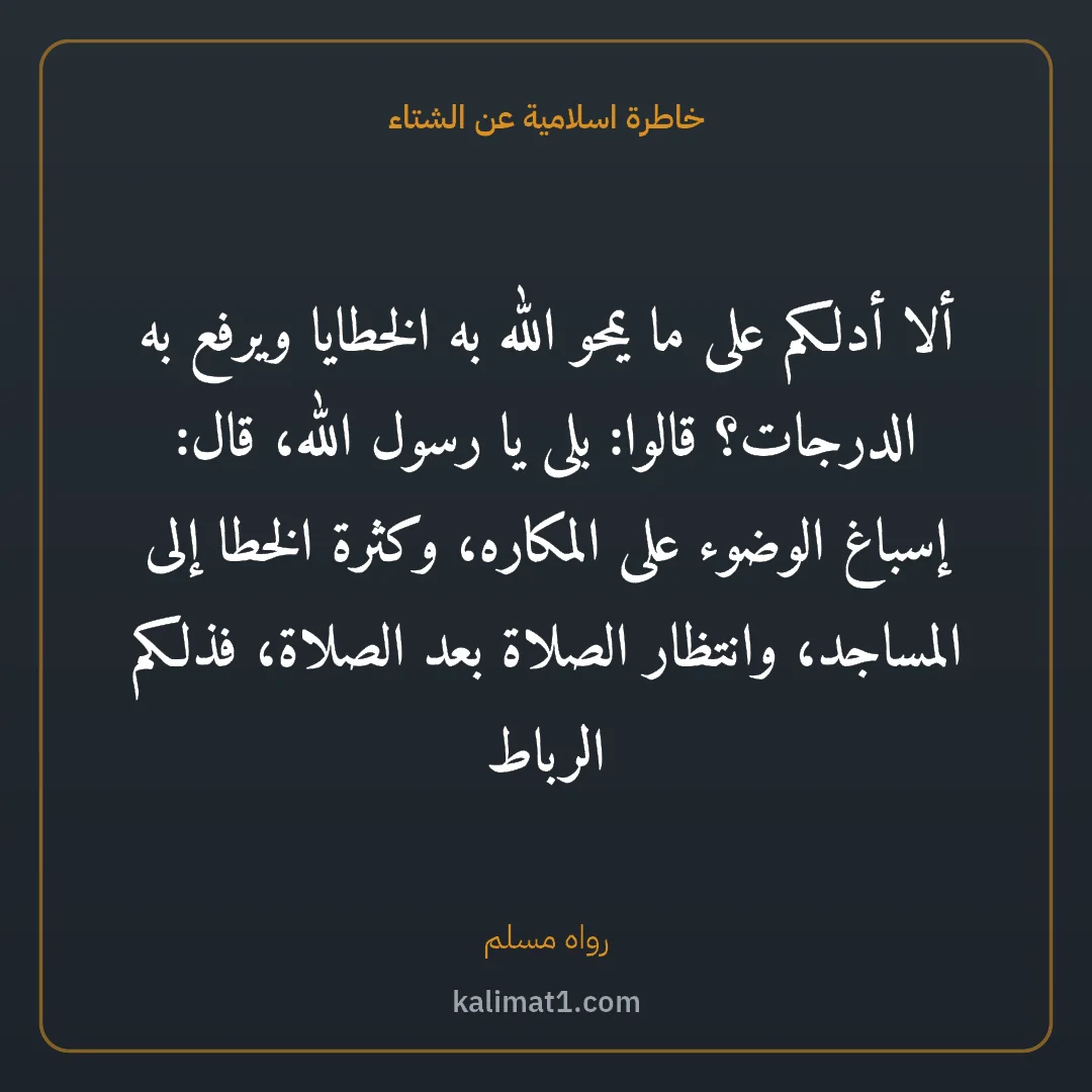 خاطرة اسلامية عن الشتاء: ألا أدلكم على ما يمحو الله به الخطايا ويرفع به الدرجات؟ قالوا: بلى يا رسول الله، قال: إسبا...