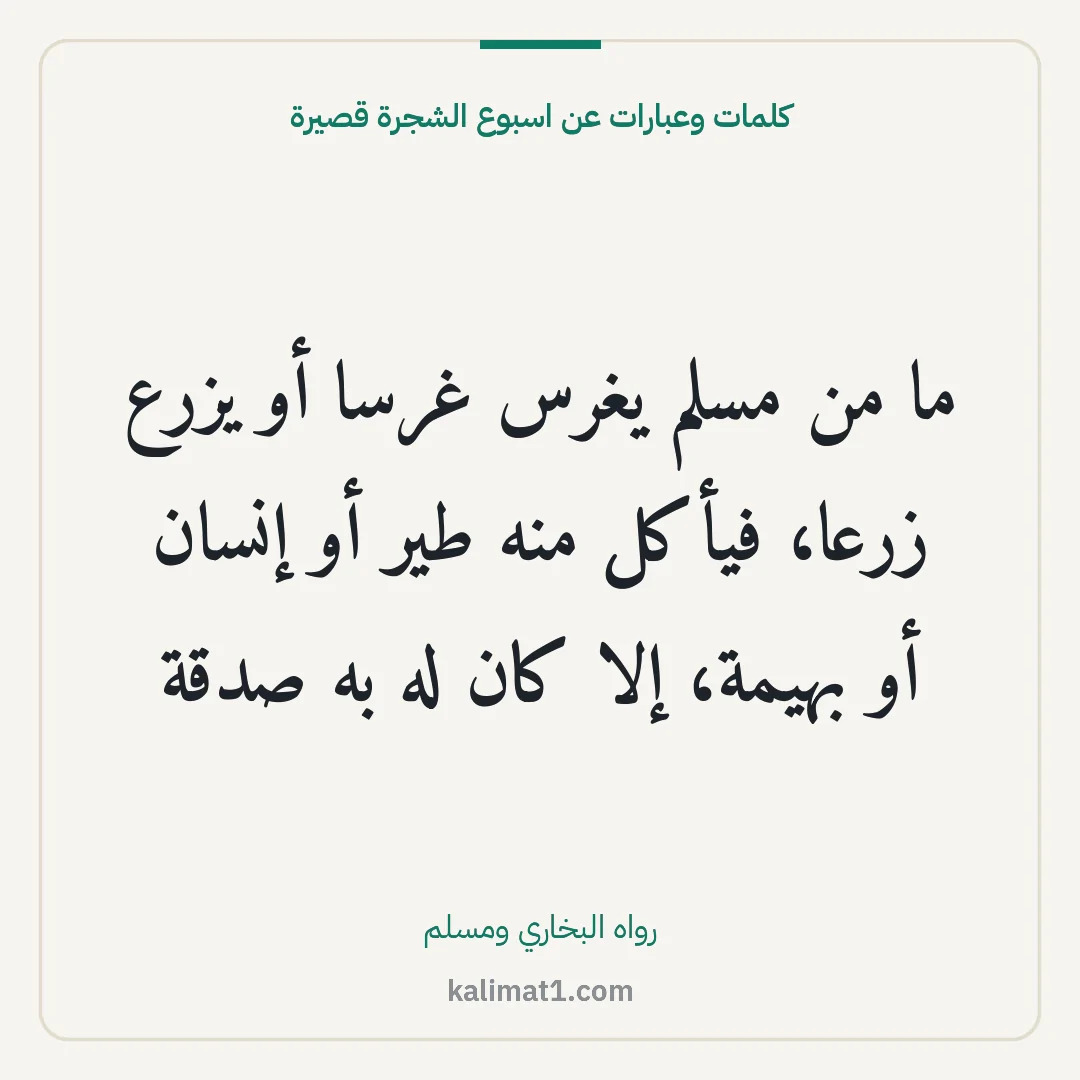 كلمات وعبارات عن اسبوع الشجرة قصيرة: ما من مسلم يغرس غرسا أو يزرع زرعا، فيأكل منه طير أو إنسان أو بهيمة، إلا كان له به صدقة