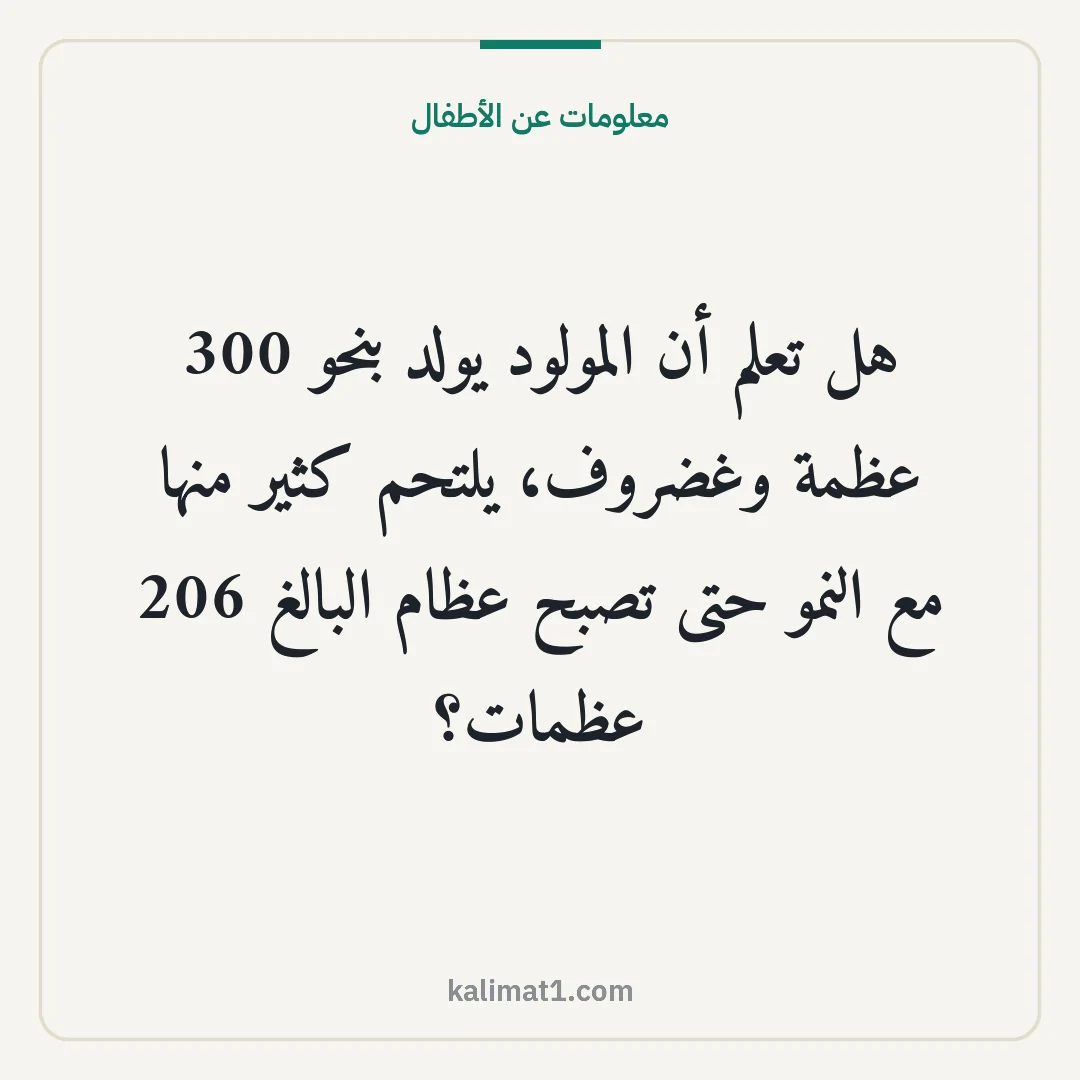 معلومات عن الأطفال: هل تعلم أن المولود يولد بنحو 300 عظمة وغضروف، يلتحم كثير منها مع النمو حتى تصبح عظام البال...
