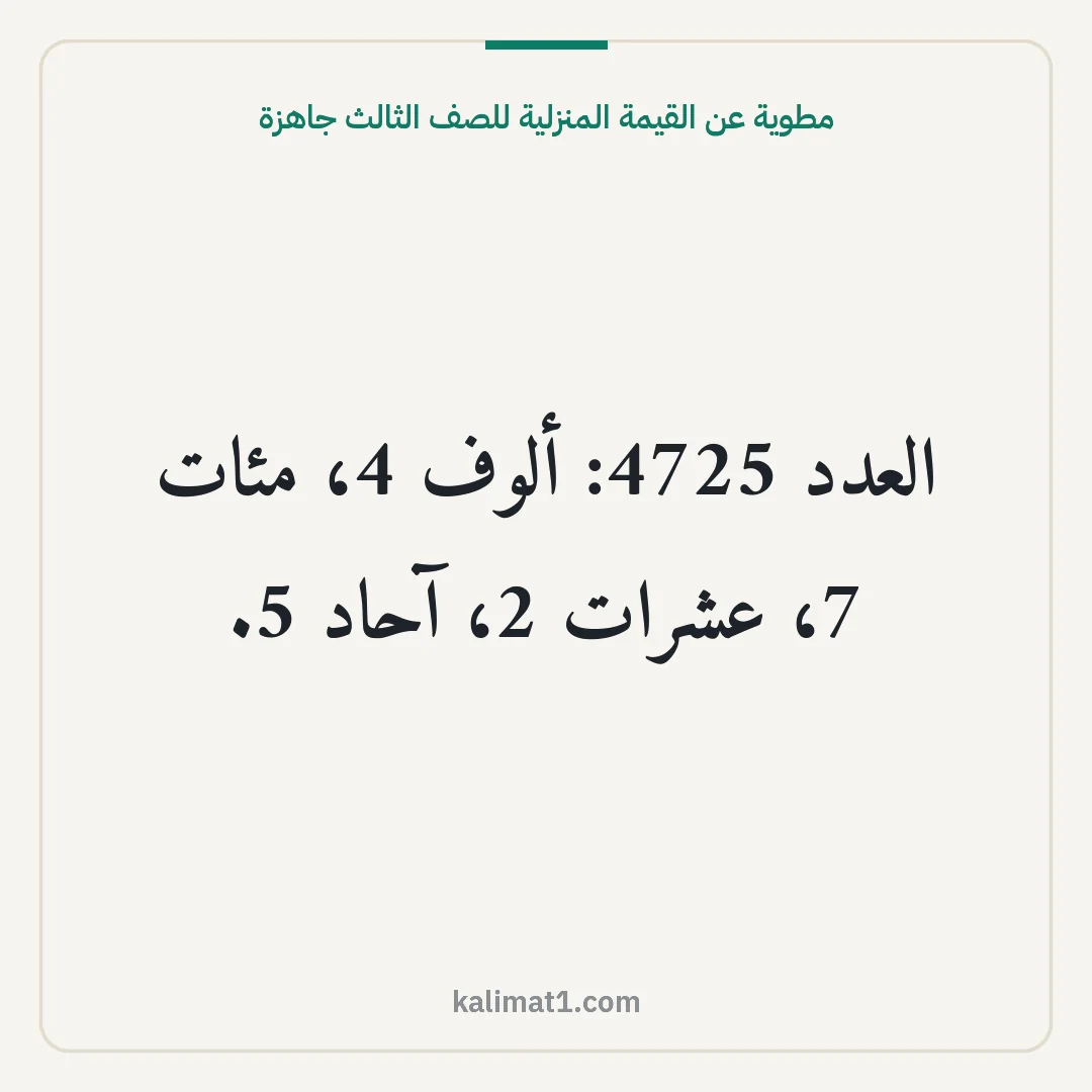 مطوية عن القيمة المنزلية للصف الثالث جاهزة: العدد 4725: ألوف 4، مئات 7، عشرات 2، آحاد 5.