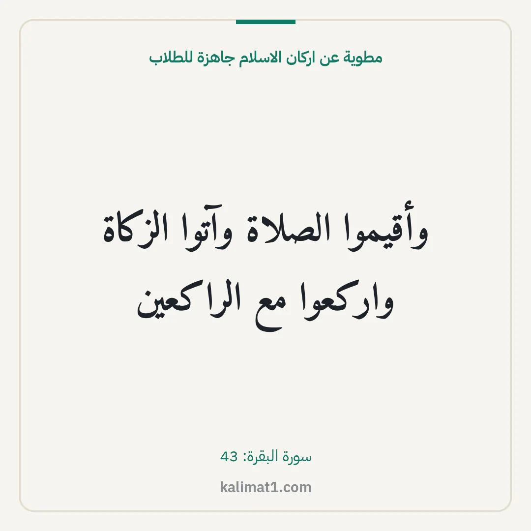 مطوية عن اركان الاسلام جاهزة للطلاب: وأقيموا الصلاة وآتوا الزكاة واركعوا مع الراكعين