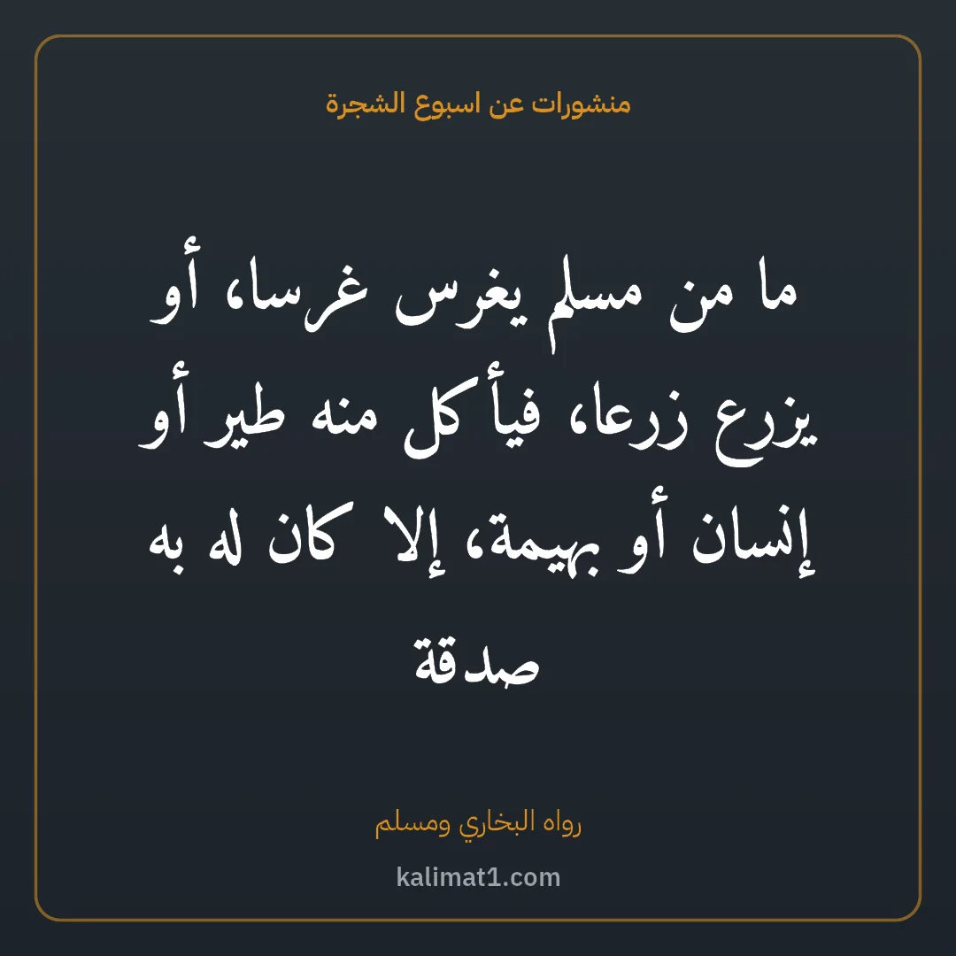 منشورات عن اسبوع الشجرة: ما من مسلم يغرس غرسا، أو يزرع زرعا، فيأكل منه طير أو إنسان أو بهيمة، إلا كان له به صدقة