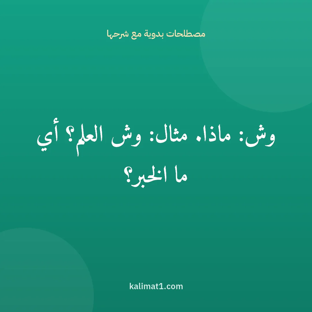 مصطلحات بدوية مع شرحها: وش: ماذا. مثال: وش العلم؟ أي ما الخبر؟