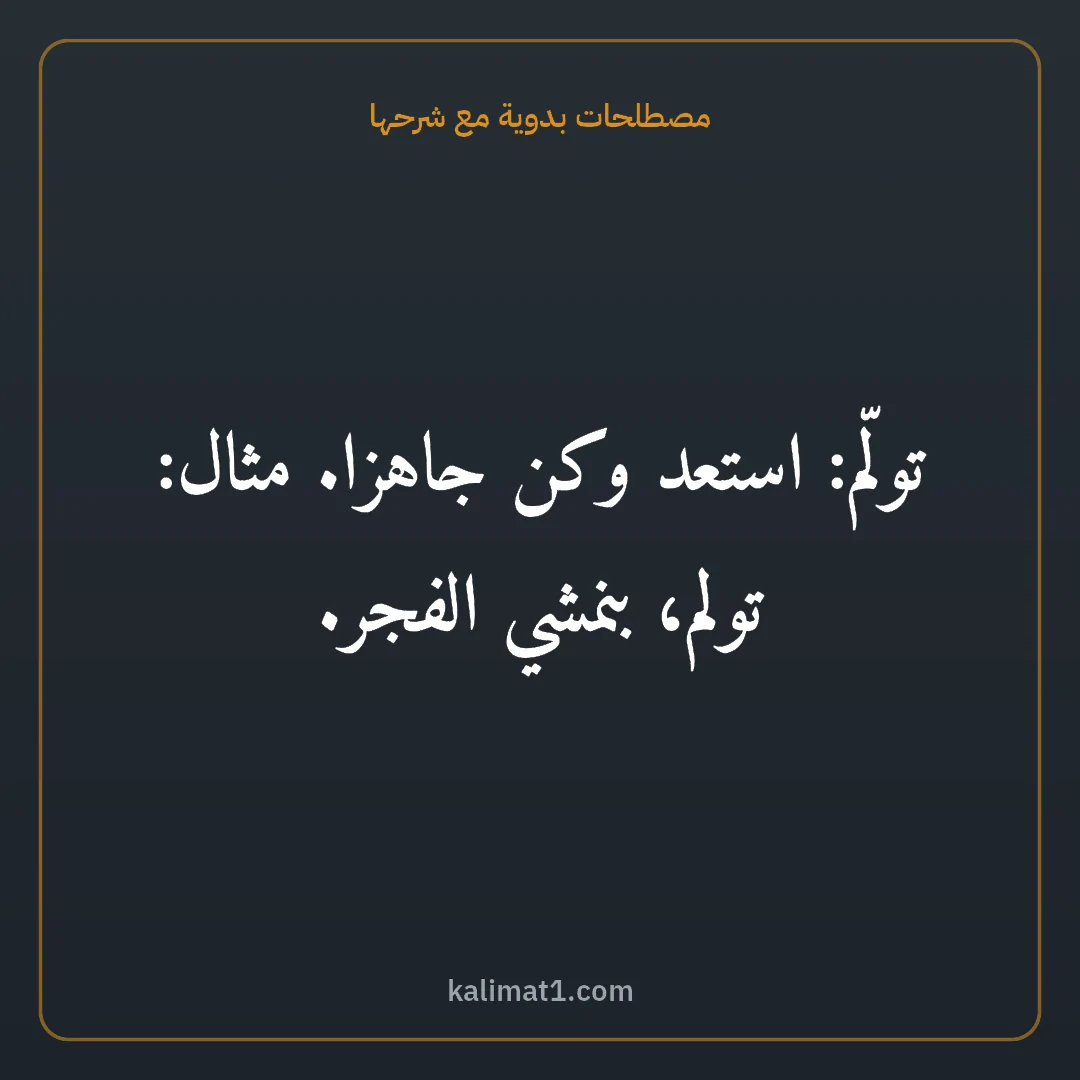 مصطلحات بدوية مع شرحها: تولّم: استعد وكن جاهزا. مثال: تولم، بنمشي الفجر.