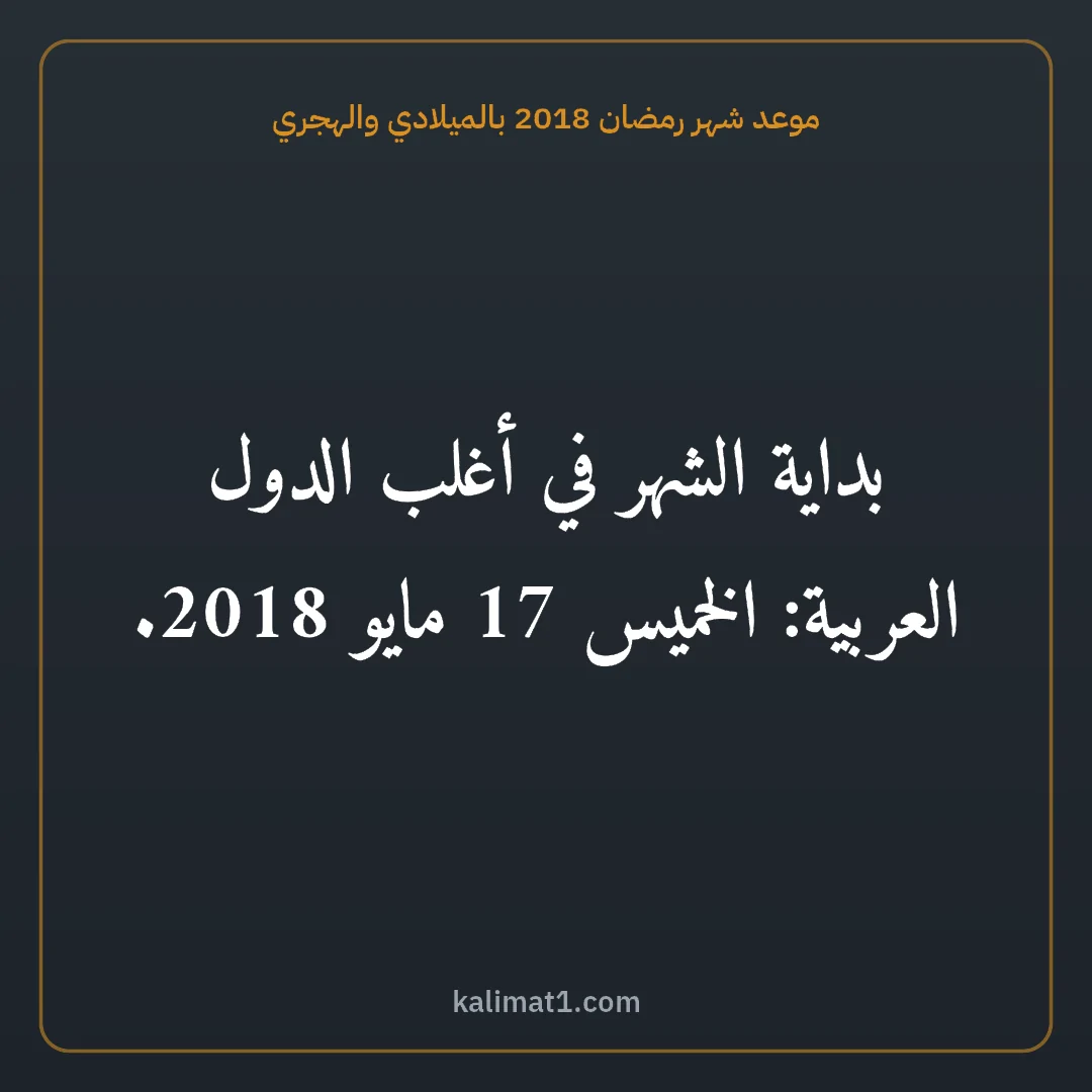 موعد شهر رمضان 2018 بالميلادي والهجري: بداية الشهر في أغلب الدول العربية: الخميس 17 مايو 2018.