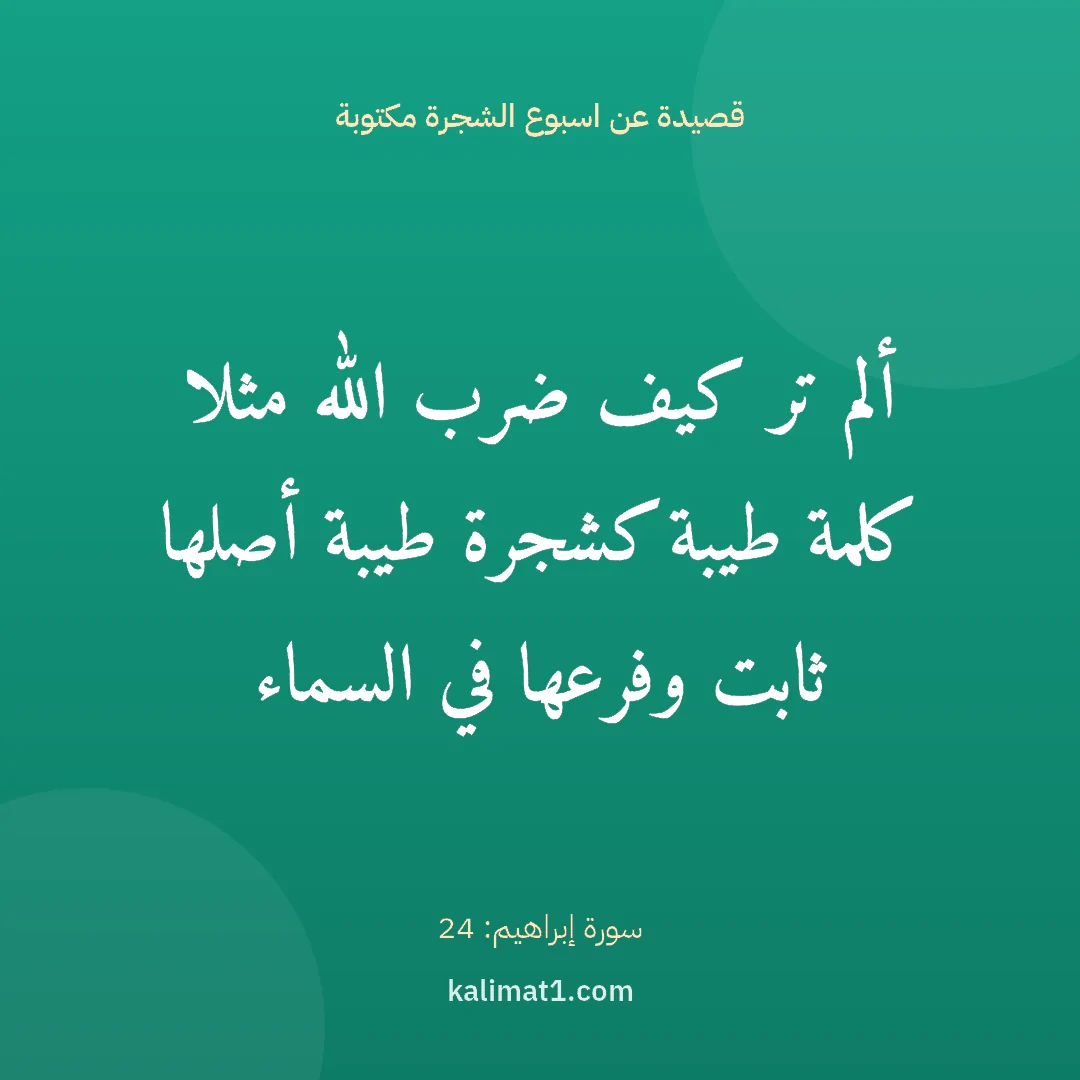 قصيدة عن اسبوع الشجرة مكتوبة: ألم تر كيف ضرب الله مثلا كلمة طيبة كشجرة طيبة أصلها ثابت وفرعها في السماء