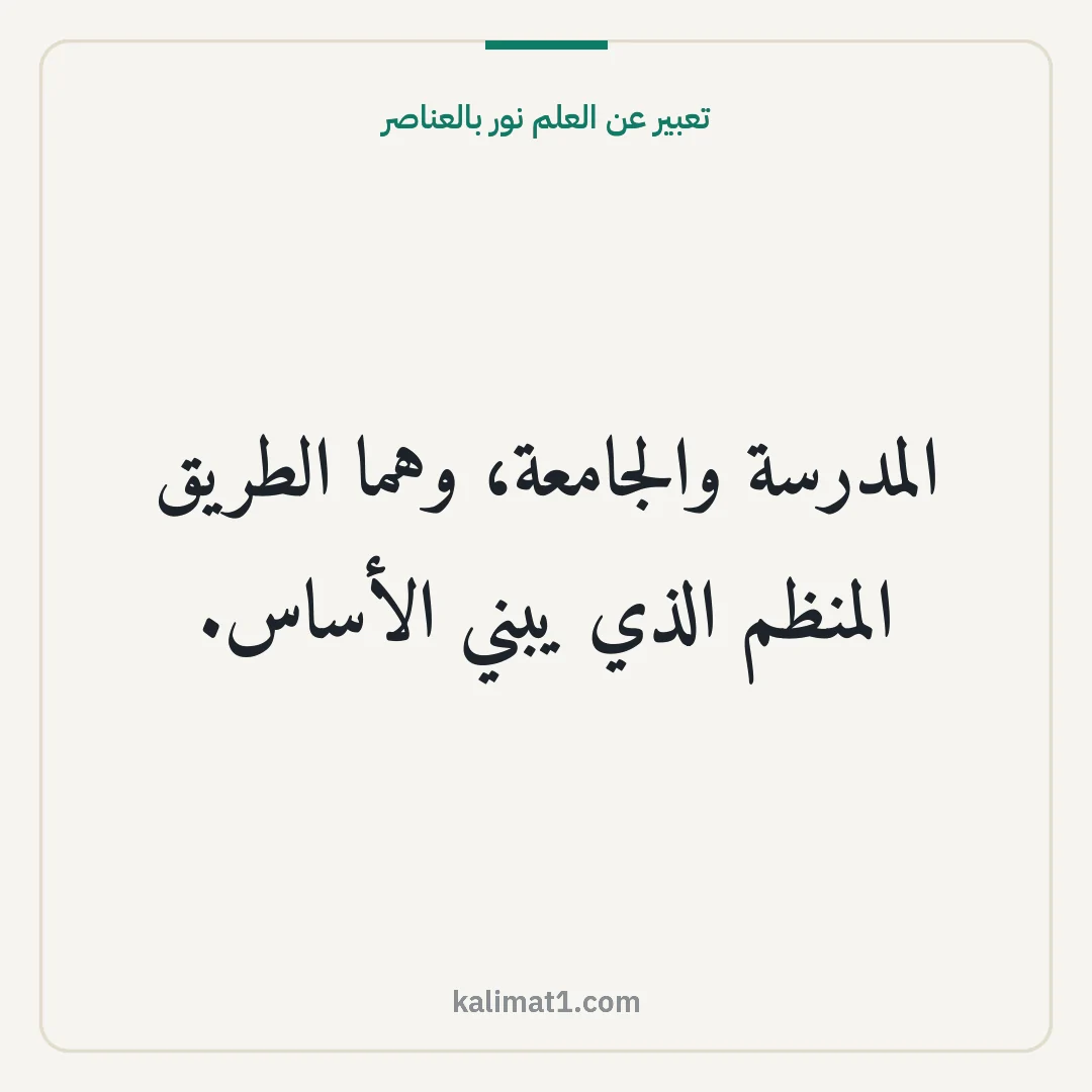 تعبير عن العلم نور بالعناصر: المدرسة والجامعة، وهما الطريق المنظم الذي يبني الأساس.