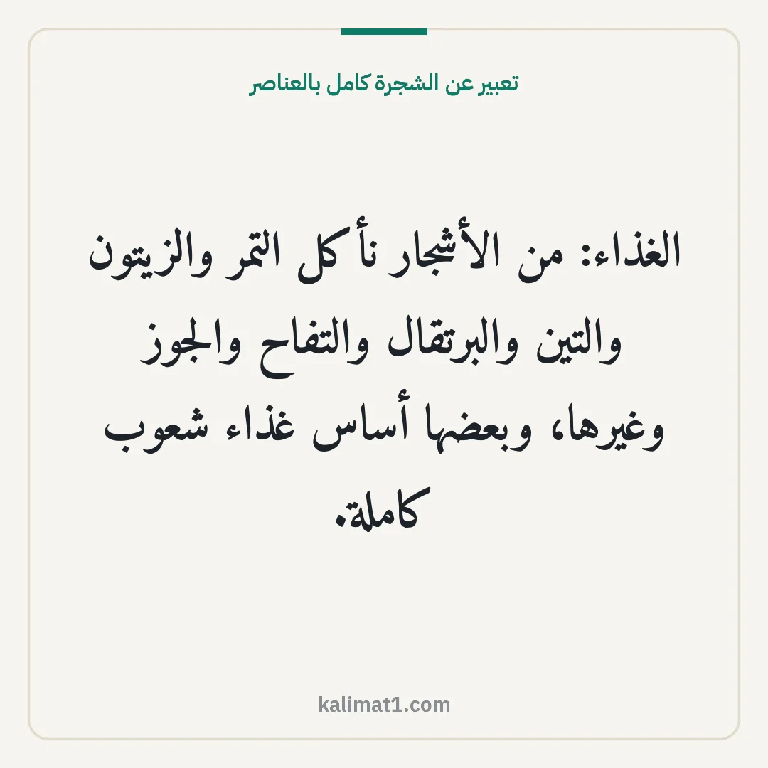تعبير عن الشجرة كامل بالعناصر: الغذاء: من الأشجار نأكل التمر والزيتون والتين والبرتقال والتفاح والجوز وغيرها، وبعضها أساس...